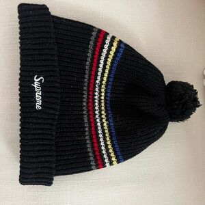 Supreme Kids Beanie - Black with Red, Blue, and White Stripes